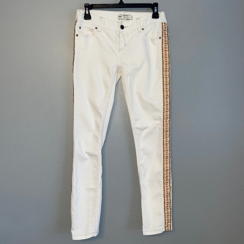 EUC Free People Boho Embroidered Striped Off White Denim Skinny Jeans Size 26 - Picture 2 of 8